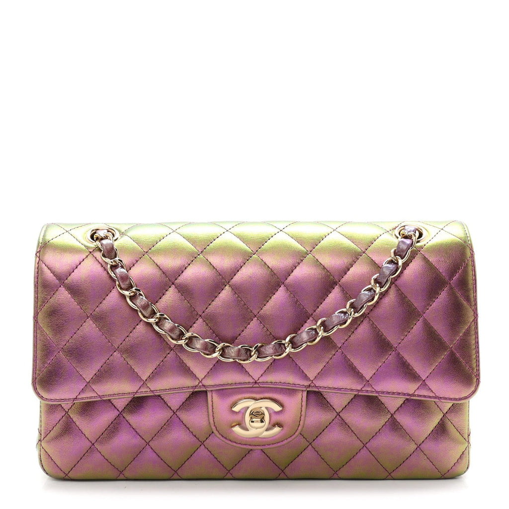 Iridescent Lambskin Quilted Medium Double Flap Purple wholesalehk.shop