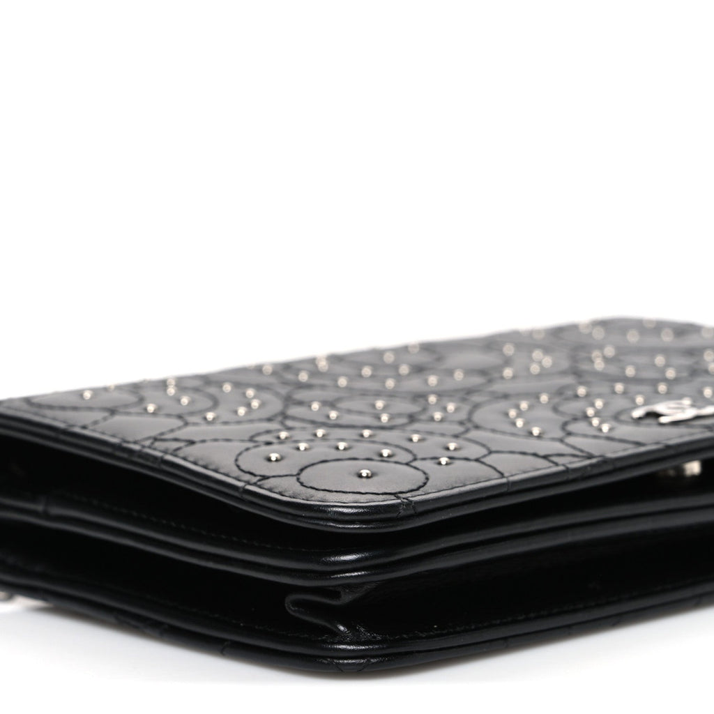 Lambskin Camellia Studded Wallet on Chain WOC Black wholesalehk.shop
