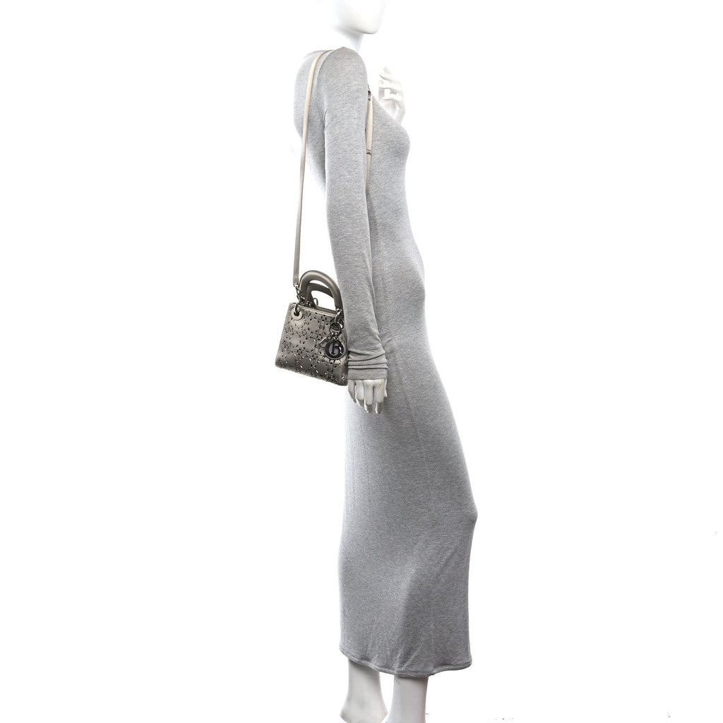 Satin Crystal Cannage Mini Lady Dior Gray wholesalehk.shop