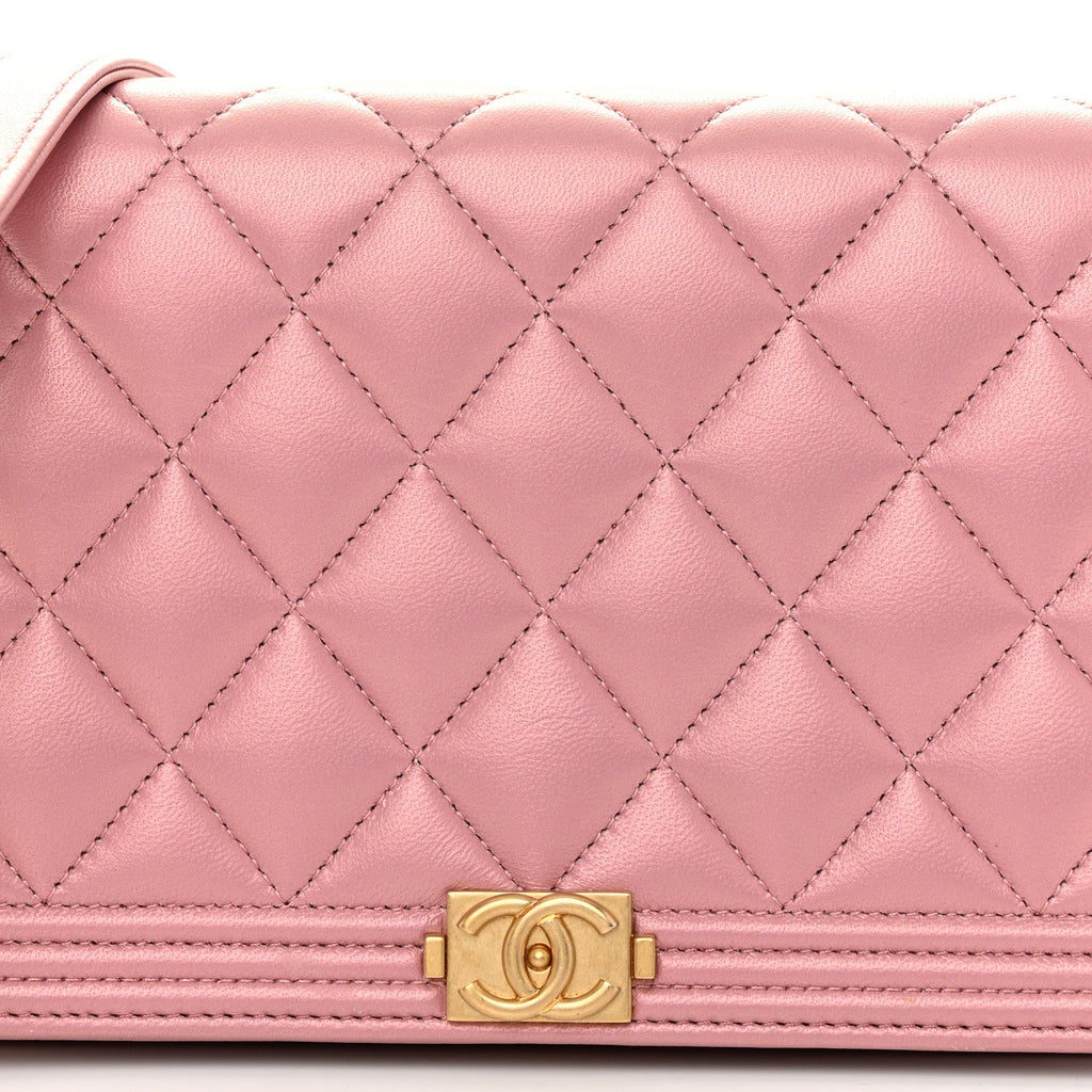 Metallic Lambskin Quilted Boy Wallet On Chain WOC Pink wholesalehk.shop