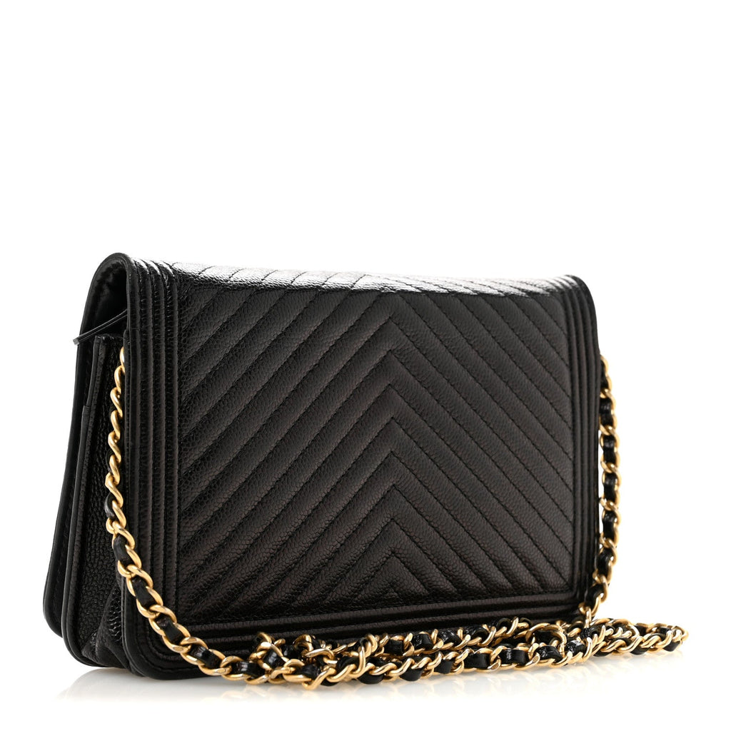 Caviar Chevron Quilted Boy Wallet On Chain WOC Black wholesalehk.shop