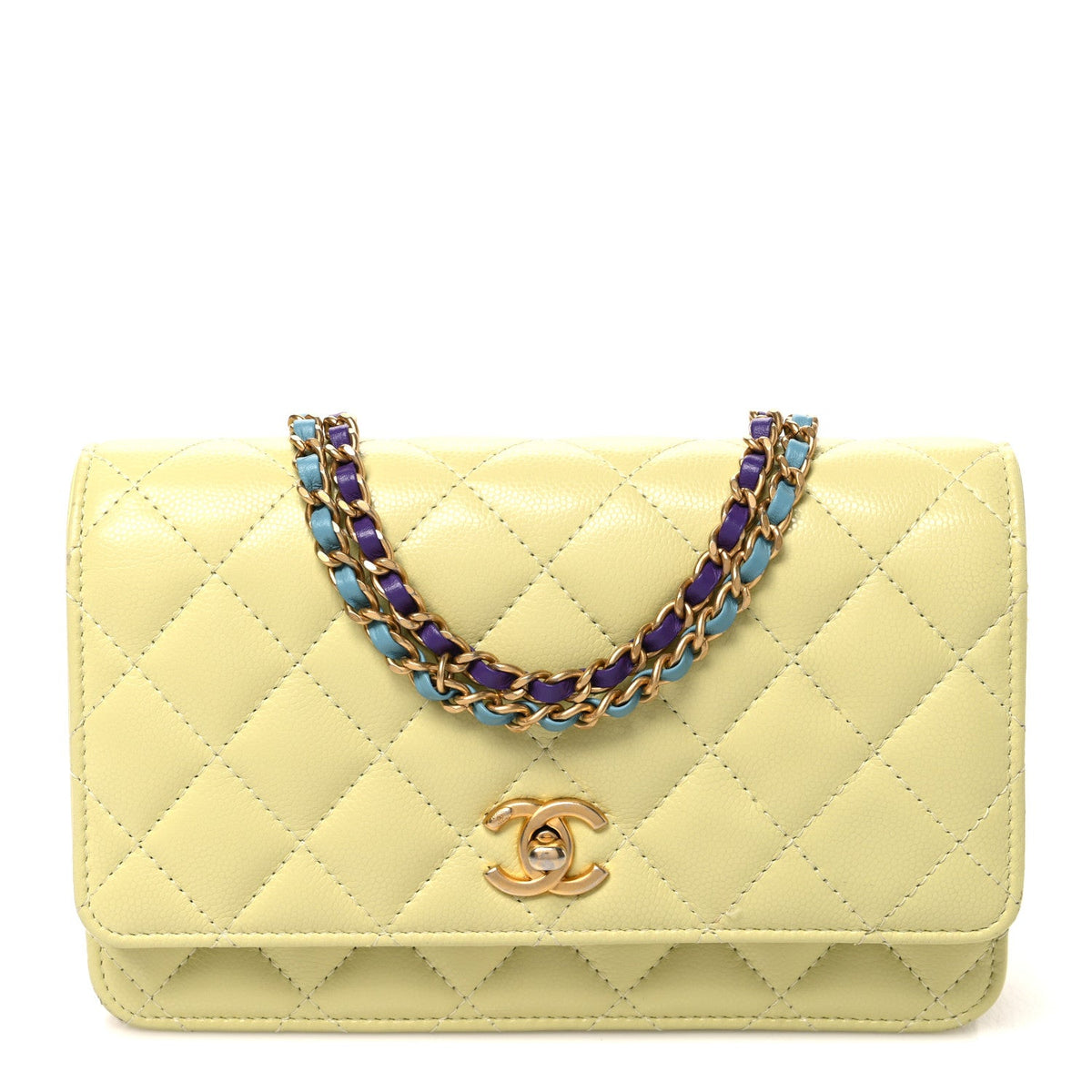 Caviar Quilted CC Turn Lock Wallet On Chain WOC Light Green wholesalehk.shop