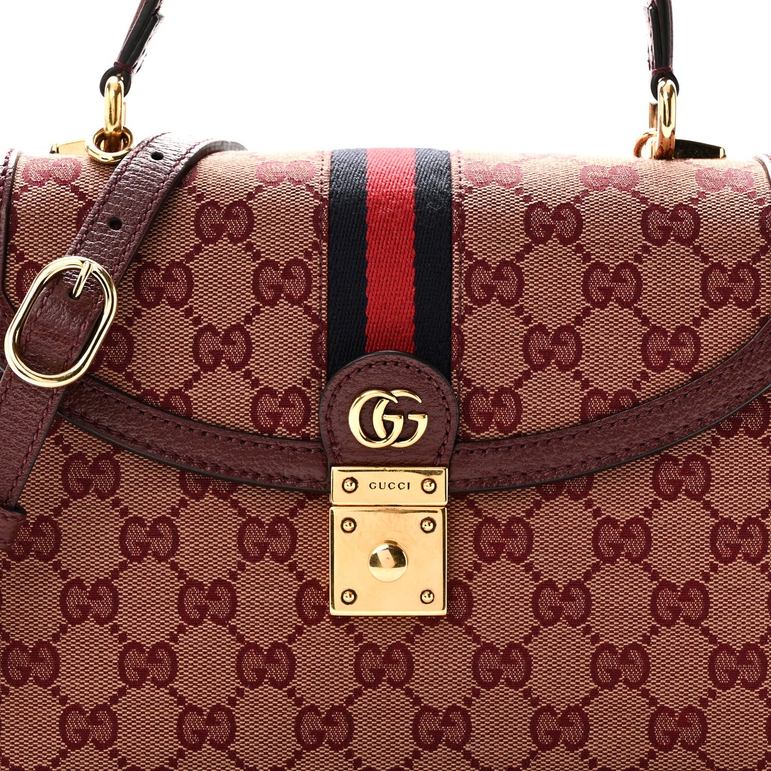 GG Supreme Monogram Textured Dollar Calfskin Web Small Ophidia Padlock Top Handle Bag Bordeaux £¨ Direct shipment via from wholesalehk.shop