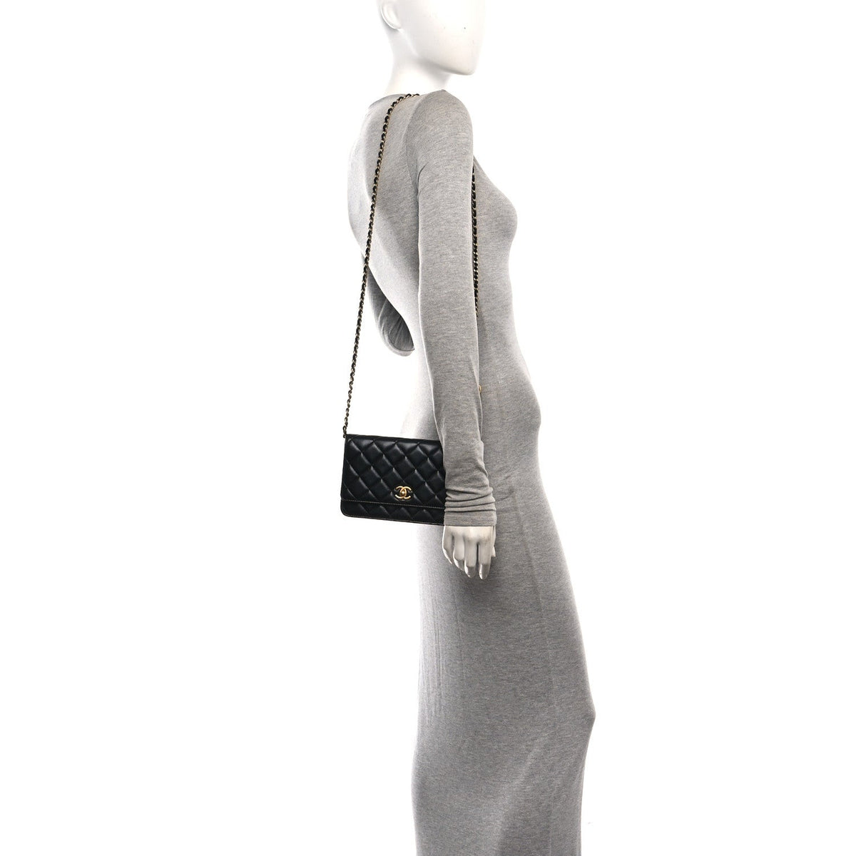 Lambskin Quilted CC Pearl Crush Wallet on Chain WOC Black wholesalehk.shop