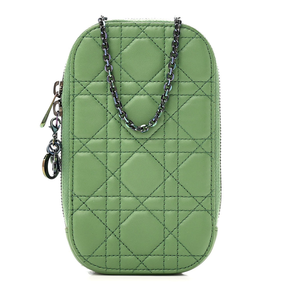 Lambskin Cannage Lady Dior Phone Holder Jade Green wholesalehk.shop
