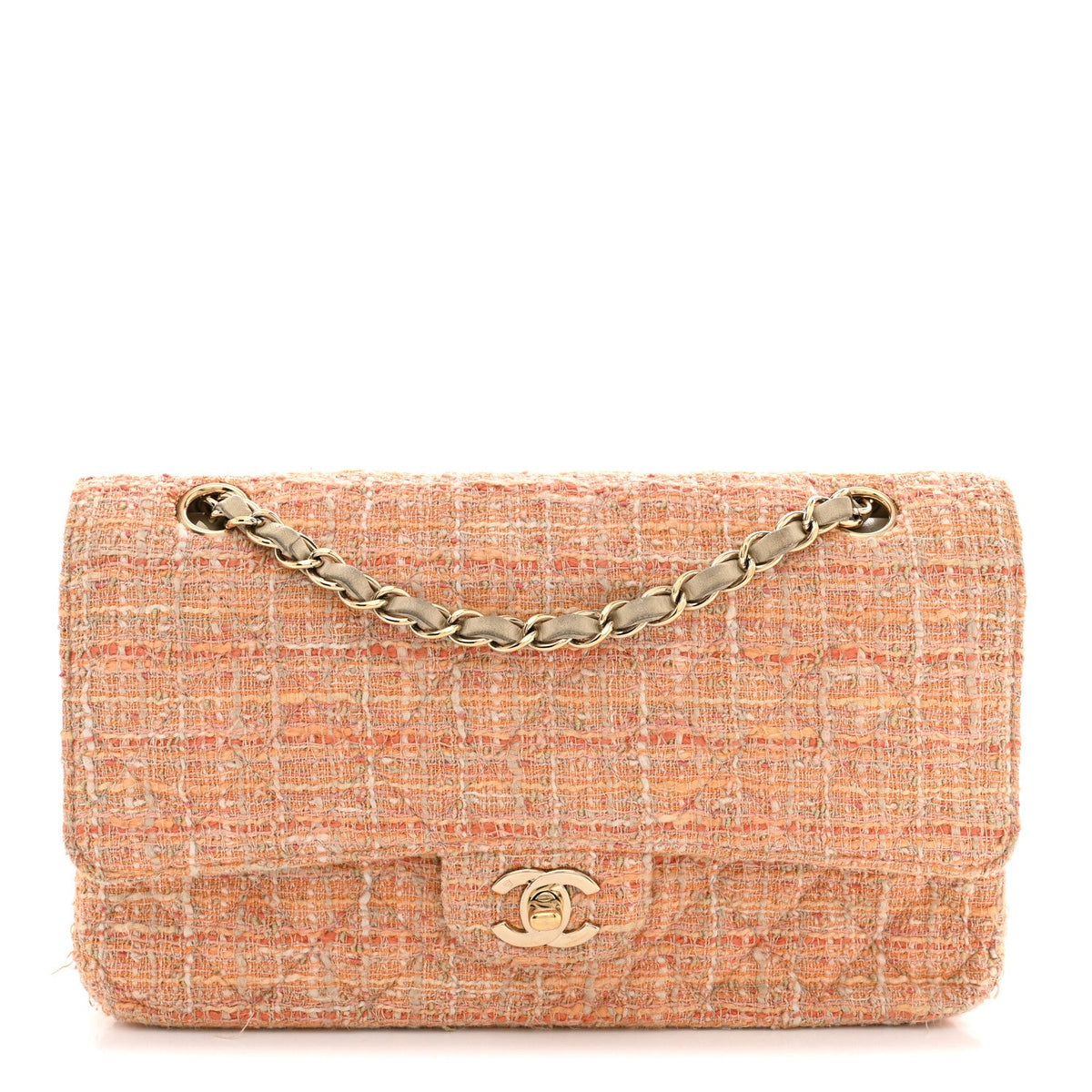 Tweed Quilted Medium Double Flap Orange Beige Multicolor wholesalehk.shop