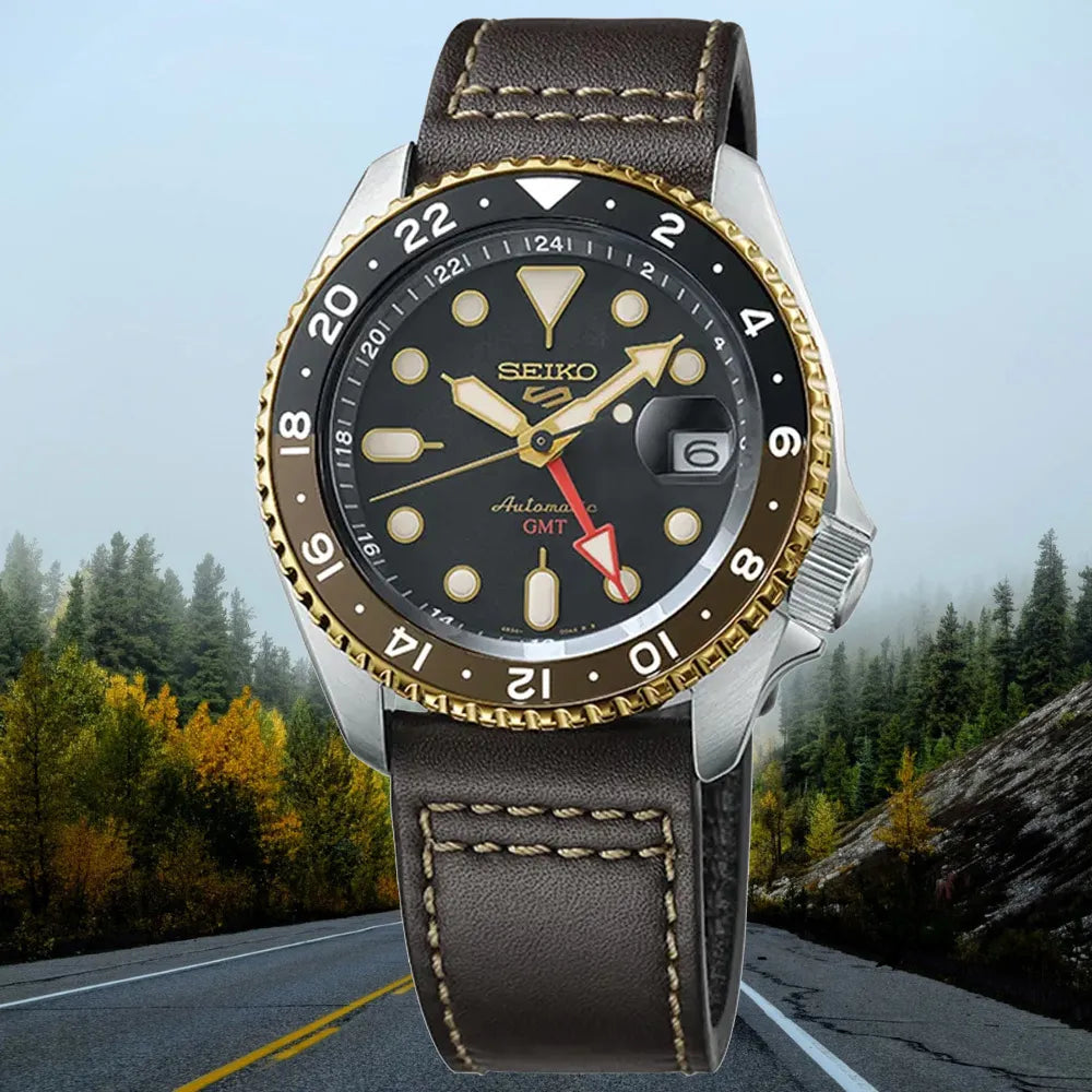 Seiko 5 Sports SKX GMT Automatic Mocha Black Dial Brown Leather Strap Watch For Men - SSK036K1 wholesalehk.shop