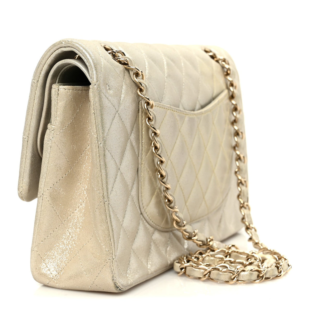 Metallic Canvas Quilted Medium Double Flap Light Gold wholesalehk.shop