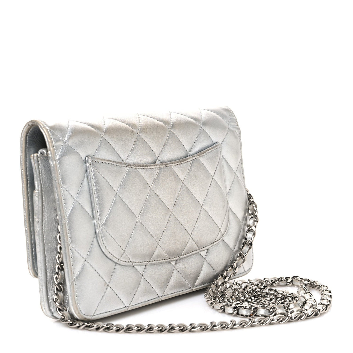 Metallic Lambskin Quilted Wallet On Chain WOC Silver wholesalehk.shop