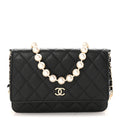 Lambskin Quilted Pearl Wallet On Chain WOC Black wholesalehk.shop