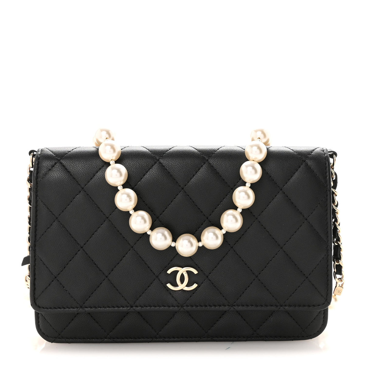 Lambskin Quilted Pearl Wallet On Chain WOC Black wholesalehk.shop