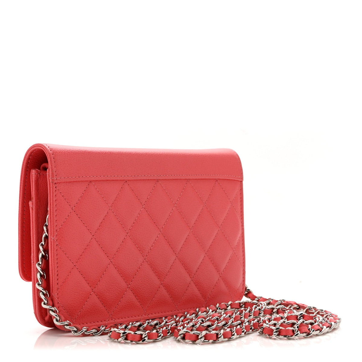 Grained Calfskin Quilted CC Box Wallet On Chain WOC Pink wholesalehk.shop