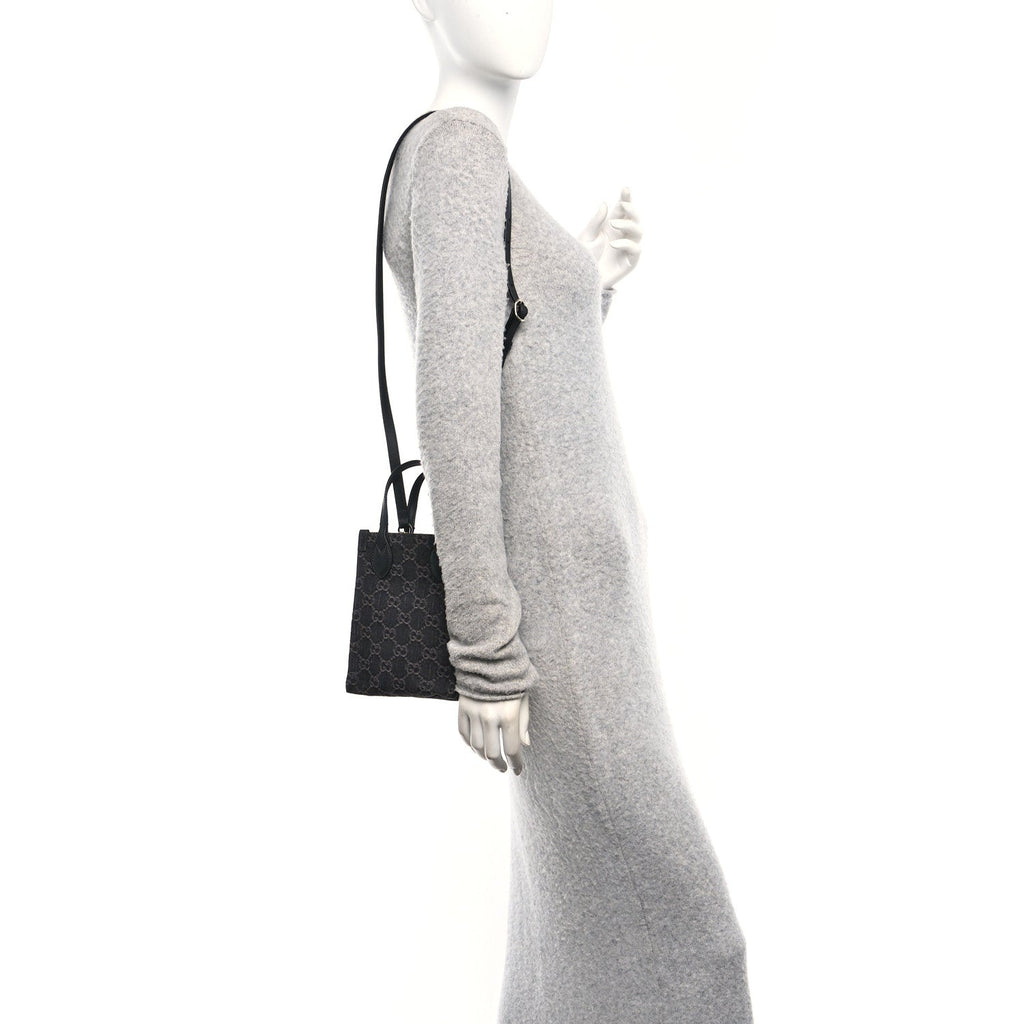 Denim GG Monogram Calfskin Mini Ophidia Tote Bag Black wholesalehk.shop
