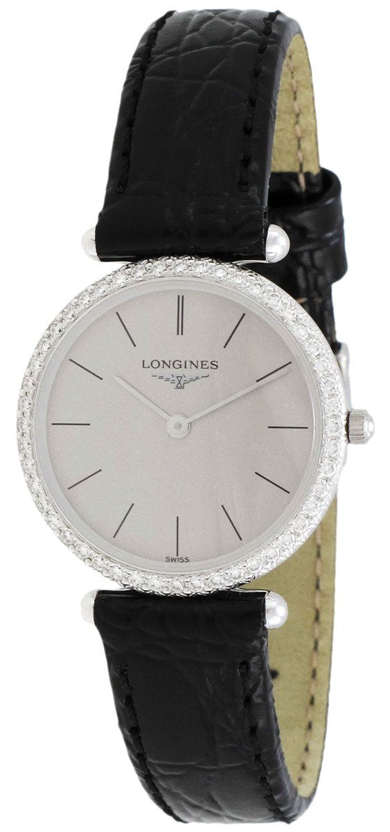 Longines La Grande Classique Agassiz 18kt White Gold & Diamond Womens Watch Grey Dial Black Leather L4.191.7.72.2 wholesalehk.shop