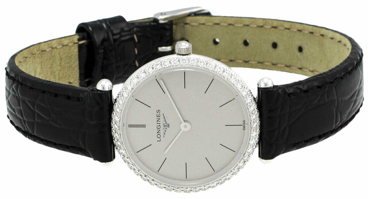 Longines La Grande Classique Agassiz 18kt White Gold & Diamond Womens Watch Grey Dial Black Leather L4.191.7.72.2 wholesalehk.shop