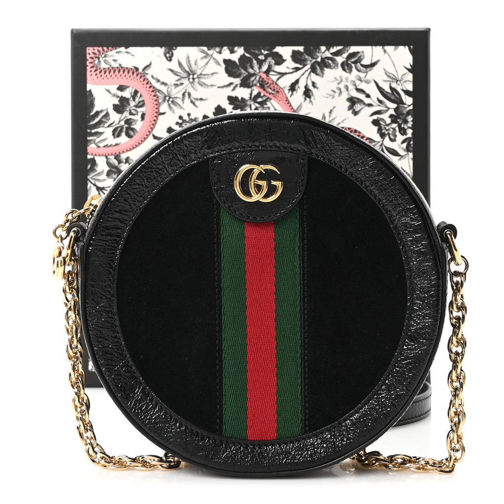Suede Patent Web Mini Ophidia Round Shoulder Bag Black wholesalehk.shop