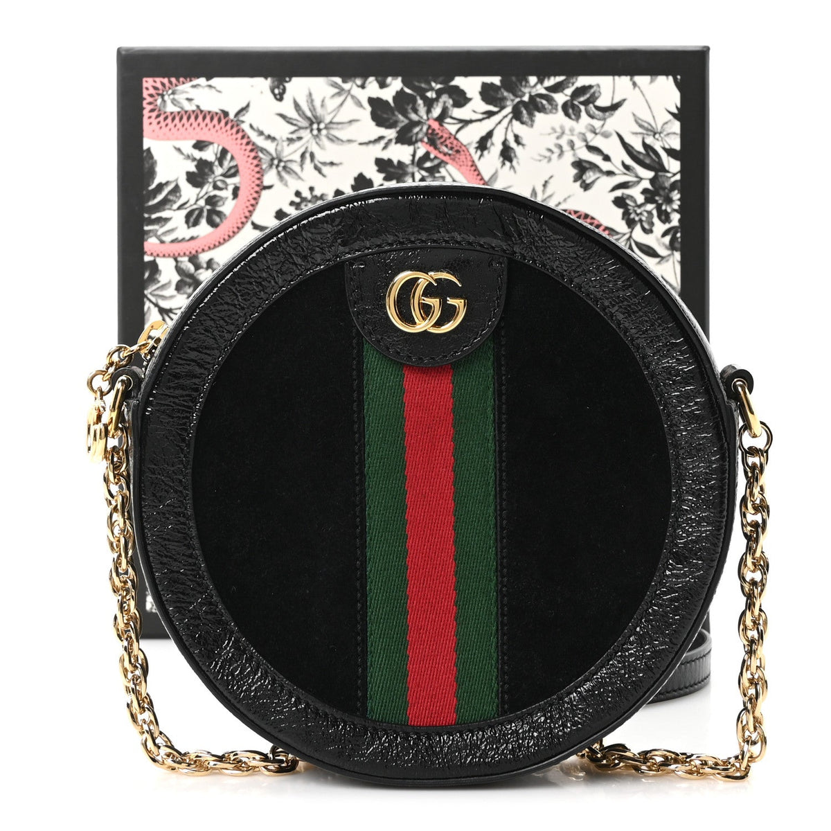 Suede Patent Web Mini Ophidia Round Shoulder Bag Black wholesalehk.shop