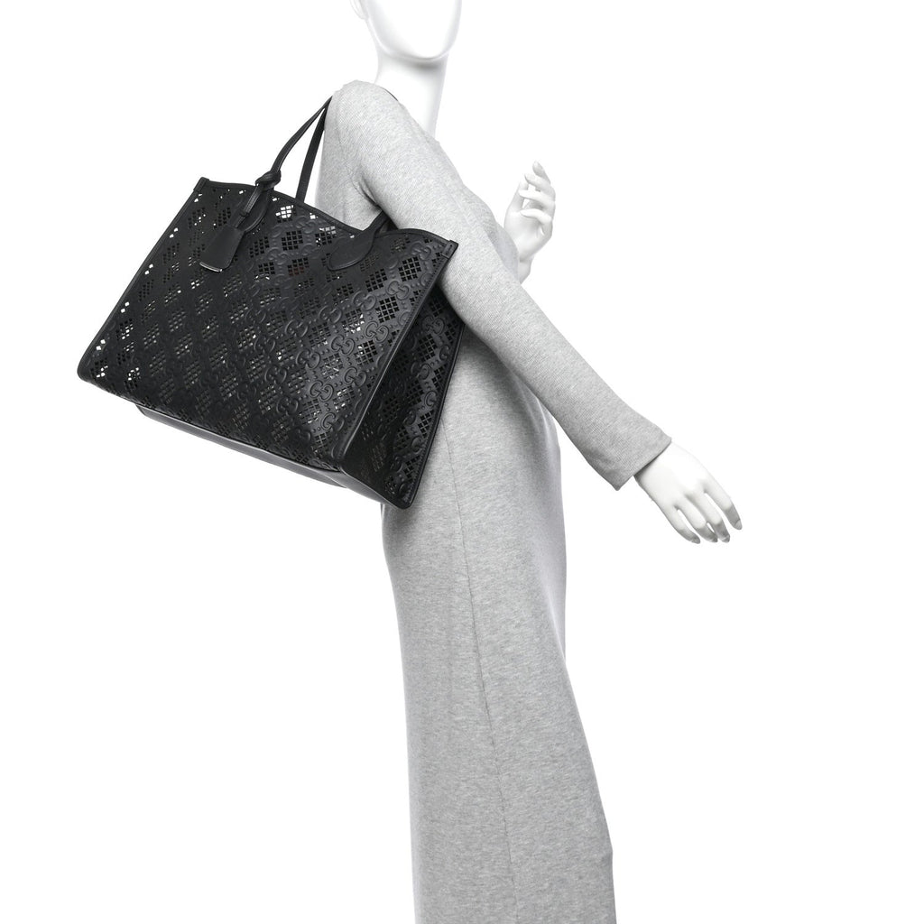 Calfskin GG Monogram Diamond Cut Medium Ophidia Tote Bag Black wholesalehk.shop