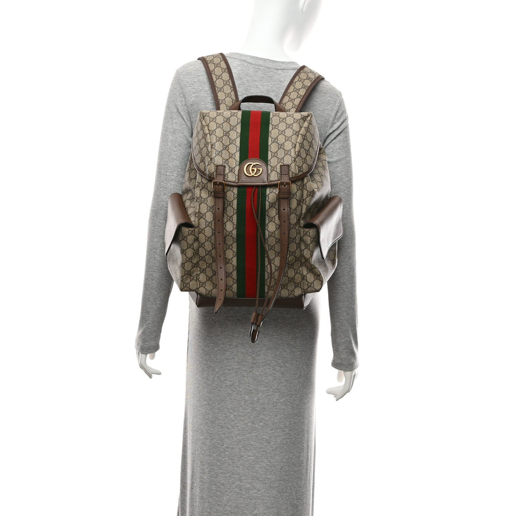 GG Supreme Monogram Medium Ophidia Double Buckle Backpack Brown wholesalehk.shop