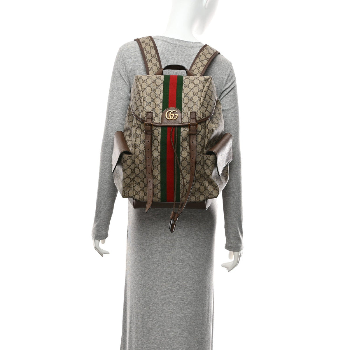GG Supreme Monogram Medium Ophidia Double Buckle Backpack Brown wholesalehk.shop