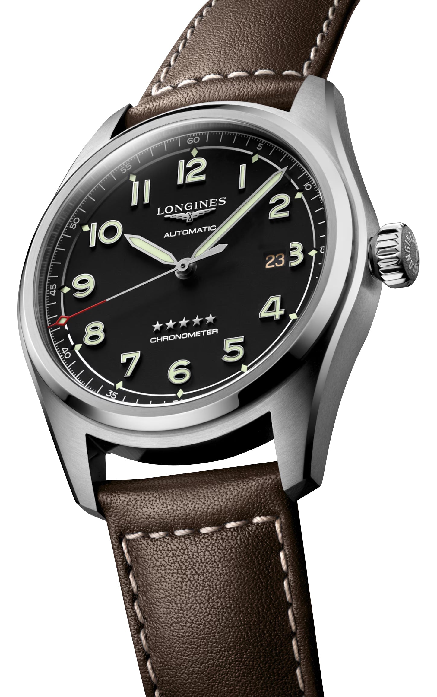 Longines Spirit Automatic COSC Stainless Steel Black Dial Brown Leather Strap Date Mens Watch L3.811.4.53.0 wholesalehk.shop