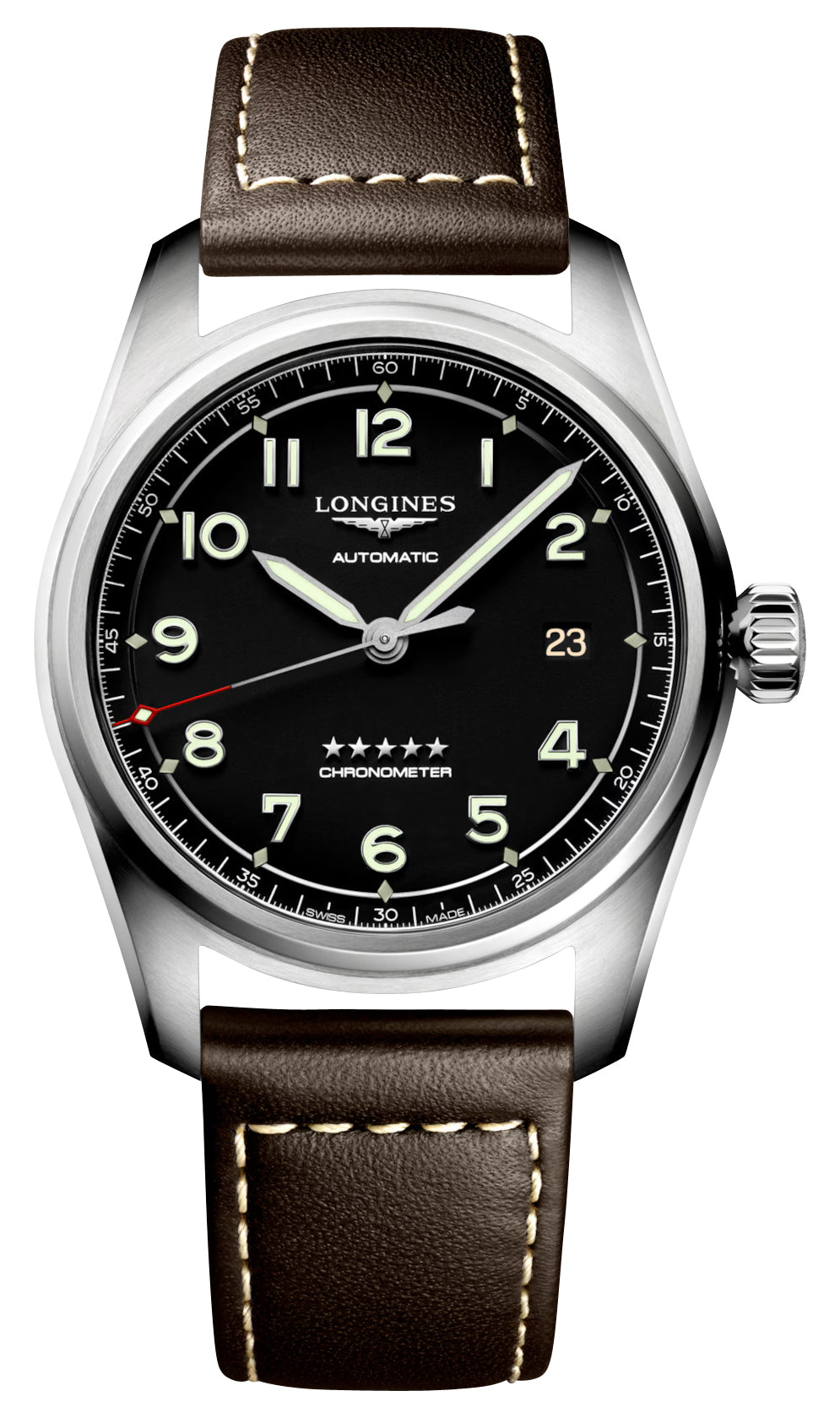Longines Spirit Automatic COSC Stainless Steel Black Dial Brown Leather Strap Date Mens Watch L3.810.4.53.0 wholesalehk.shop