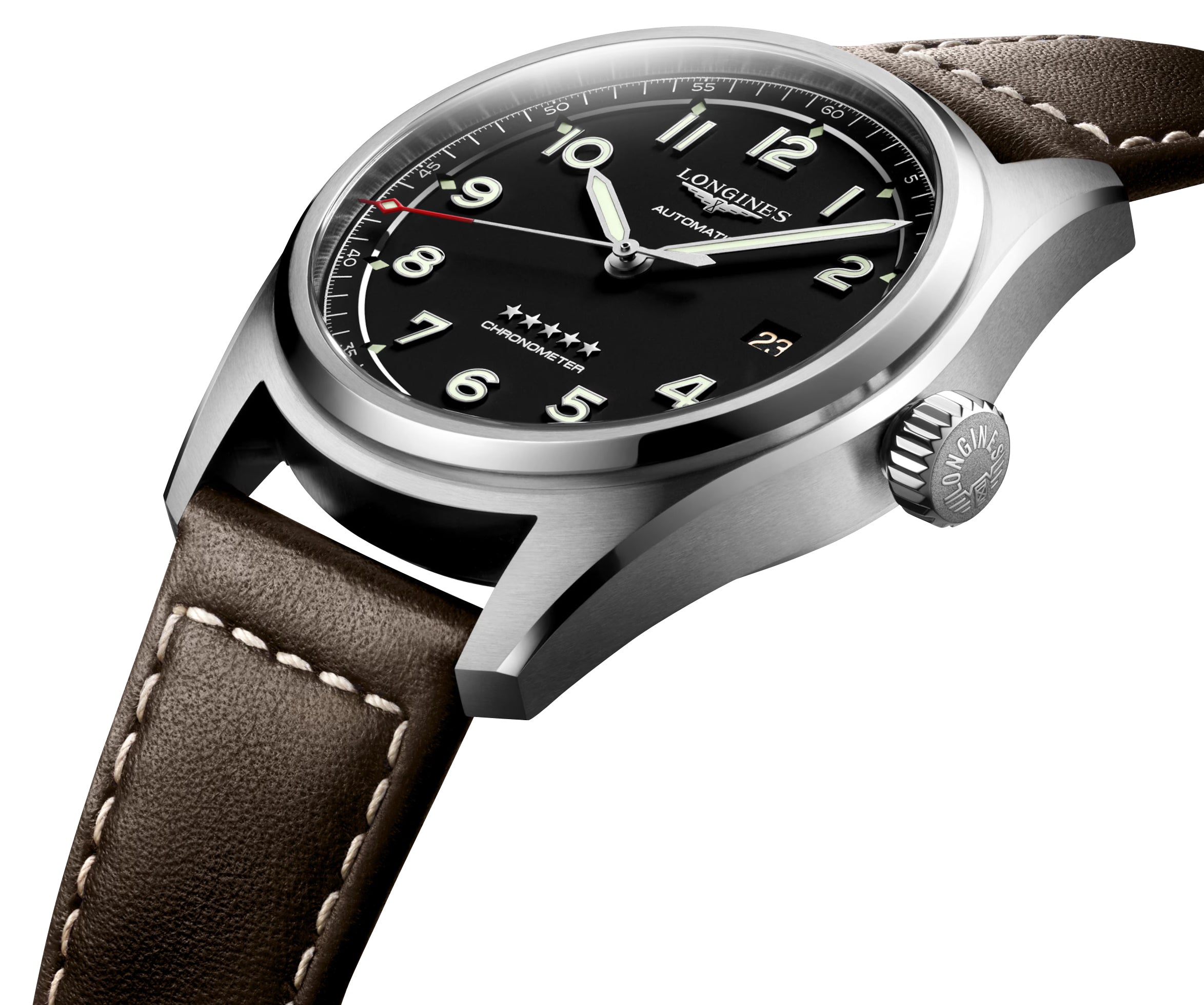 Longines Spirit Automatic COSC Stainless Steel Black Dial Brown Leather Strap Date Mens Watch L3.810.4.53.0 wholesalehk.shop