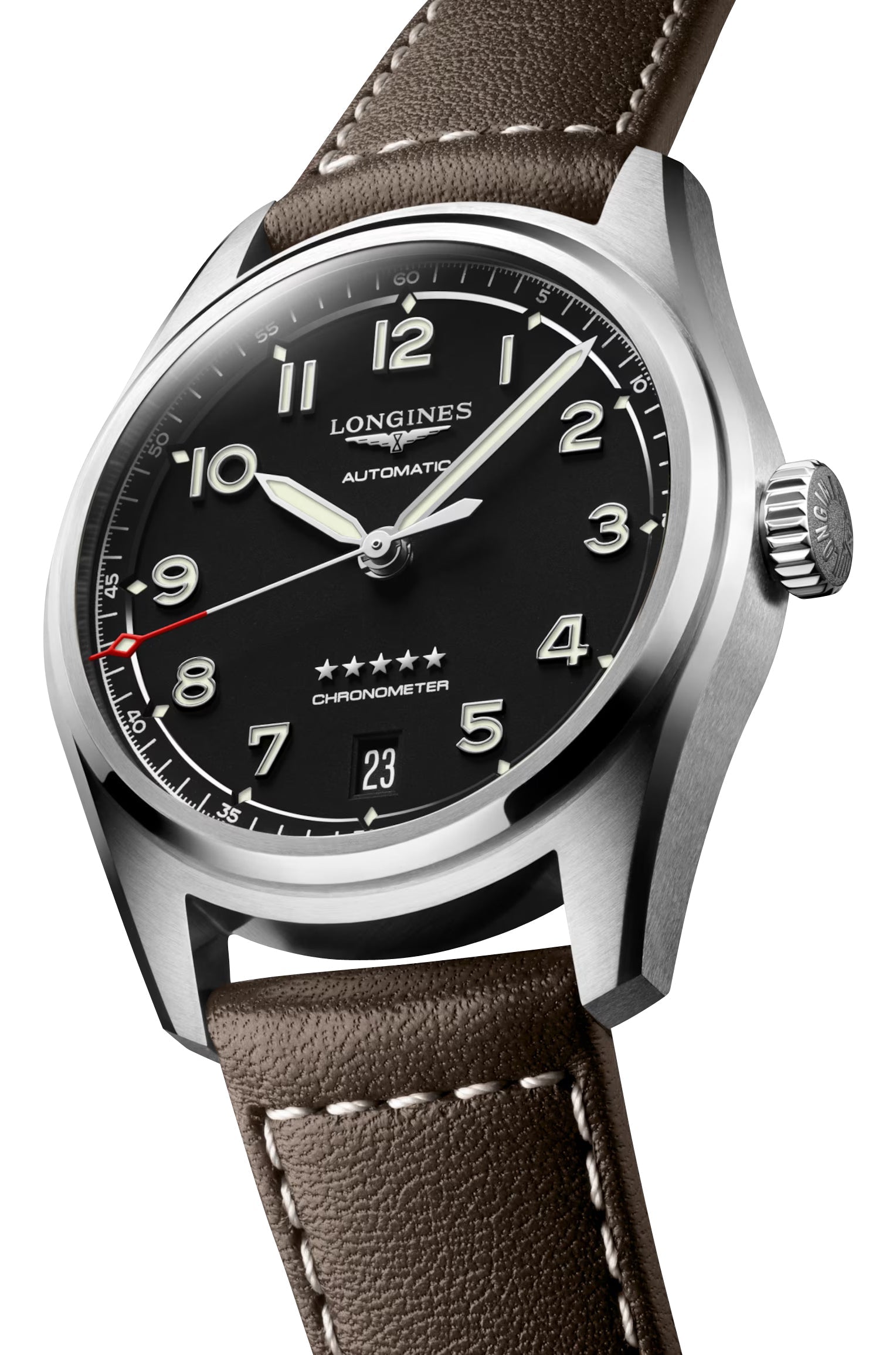 Longines Spirit Automatic COSC Stainless Steel Black Dial Brown Leather Strap Date Unisex Watch L3.410.4.53.0 wholesalehk.shop