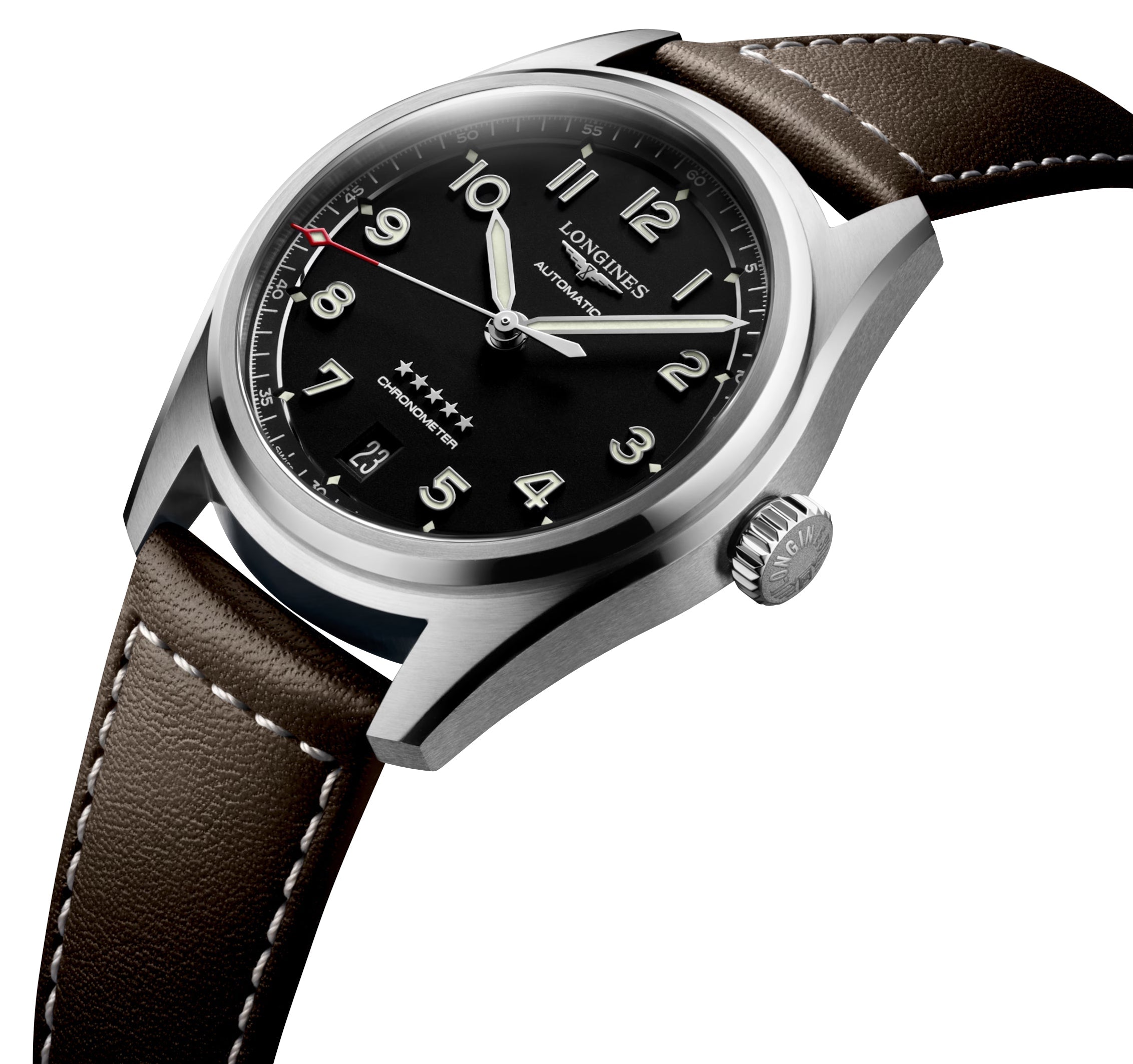 Longines Spirit Automatic COSC Stainless Steel Black Dial Brown Leather Strap Date Unisex Watch L3.410.4.53.0 wholesalehk.shop