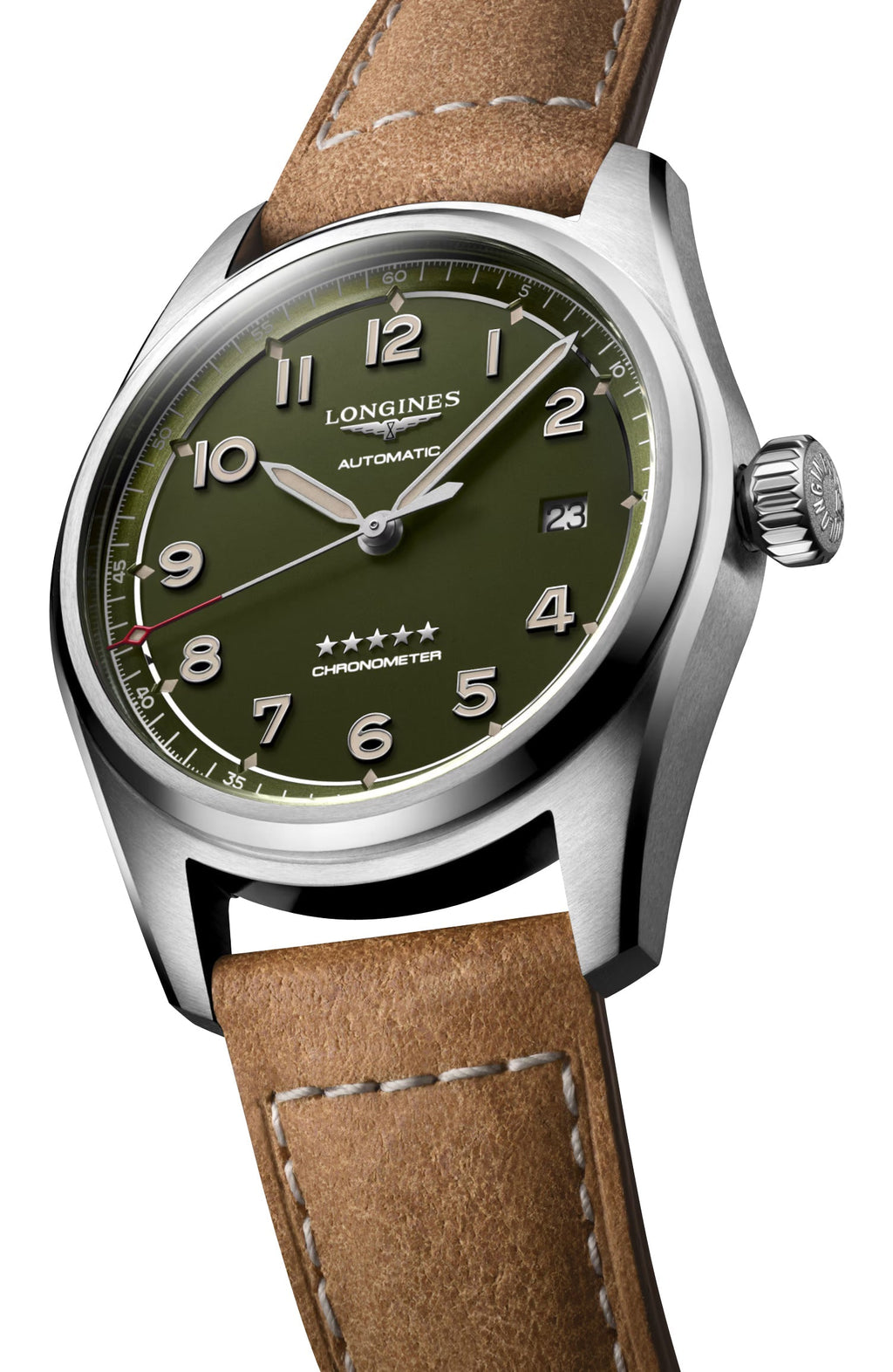 Longines Spirit Automatic COSC Stainless Steel Green Dial Brown Leather Strap Date Mens Watch L3.810.4.03.2 wholesalehk.shop