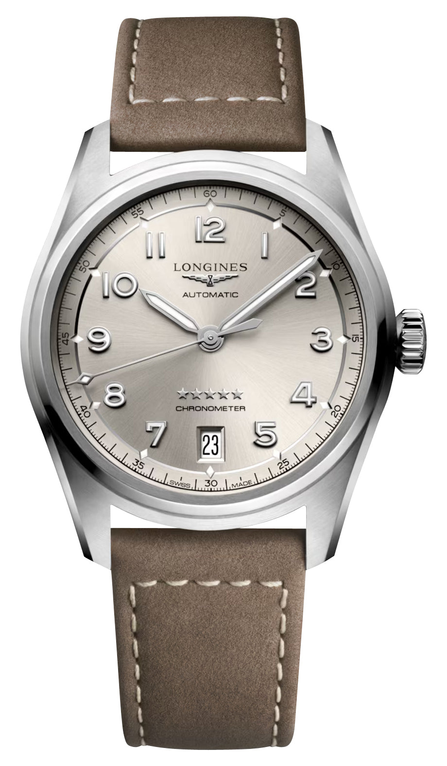 Longines Spirit Automatic COSC Stainless Steel Champagne Dial Beige Leather Strap Date Unisex Watch L3.410.4.63.2 wholesalehk.shop