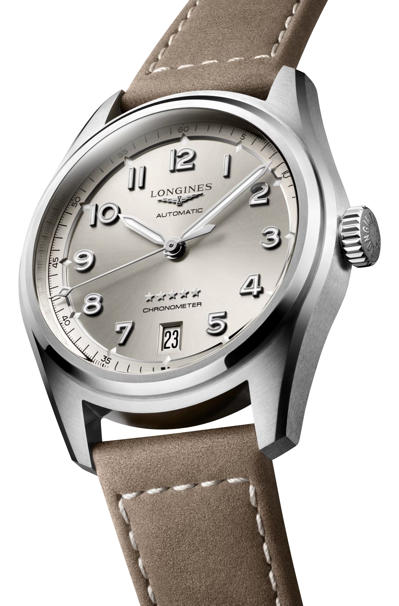 Longines Spirit Automatic COSC Stainless Steel Champagne Dial Beige Leather Strap Date Unisex Watch L3.410.4.63.2 wholesalehk.shop