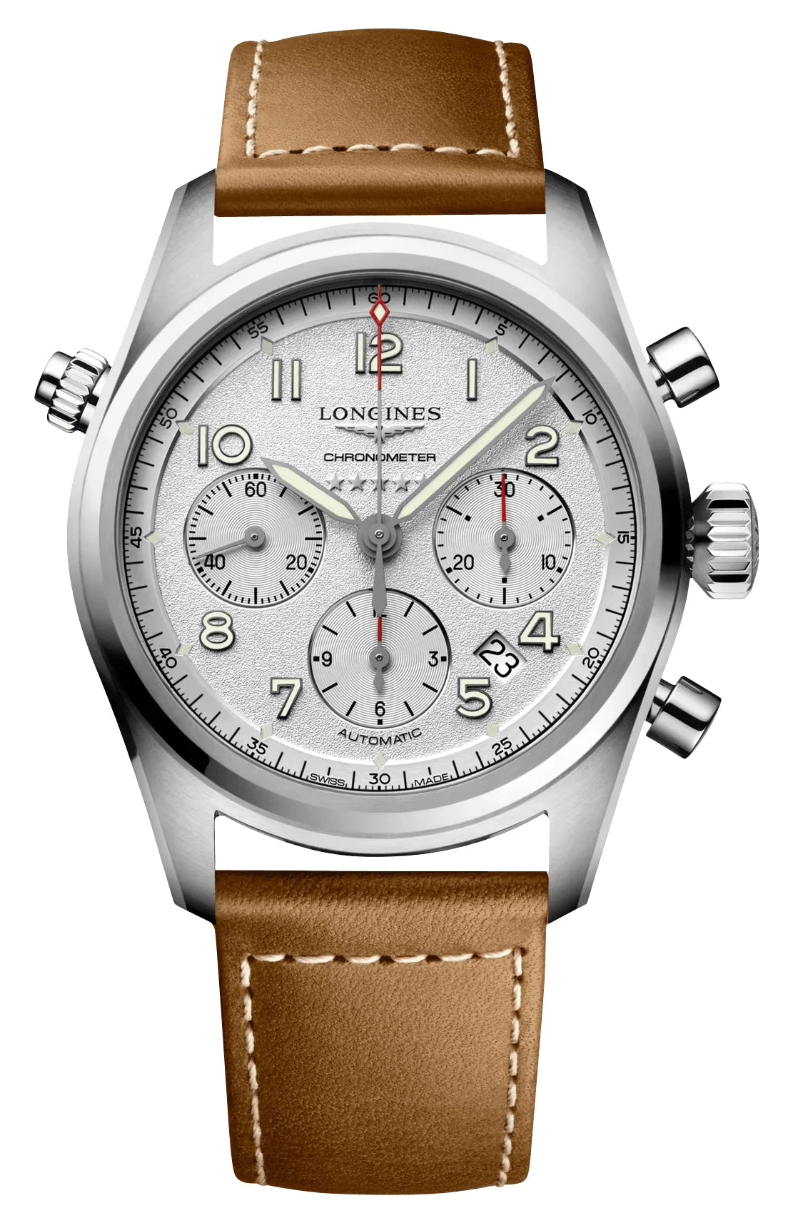 Longines Spirit Automatic Chronograph COSC Stainless Steel Silver Dial Brown Leather Strap Date Mens Watch L3.820.4.73.2 wholesalehk.shop