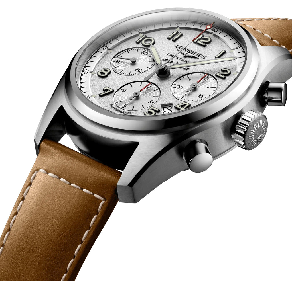 Longines Spirit Automatic Chronograph COSC Stainless Steel Silver Dial Brown Leather Strap Date Mens Watch L3.820.4.73.2 wholesalehk.shop