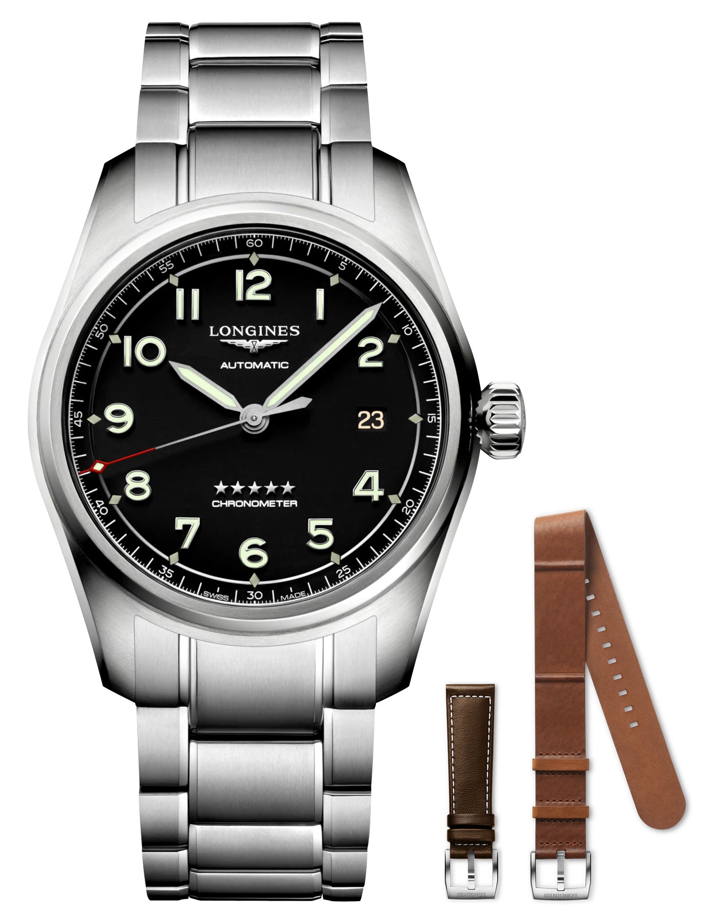 Longines Spirit Prestige Edition Automatic COSC Stainless Steel Black Dial Interchangeable Brown Leather/NATO Strap Date Mens Watch L3.810.4.53.9 wholesalehk.shop
