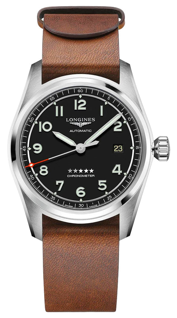 Longines Spirit Prestige Edition Automatic COSC Stainless Steel Black Dial Interchangeable Brown Leather/NATO Strap Date Mens Watch L3.810.4.53.9 wholesalehk.shop
