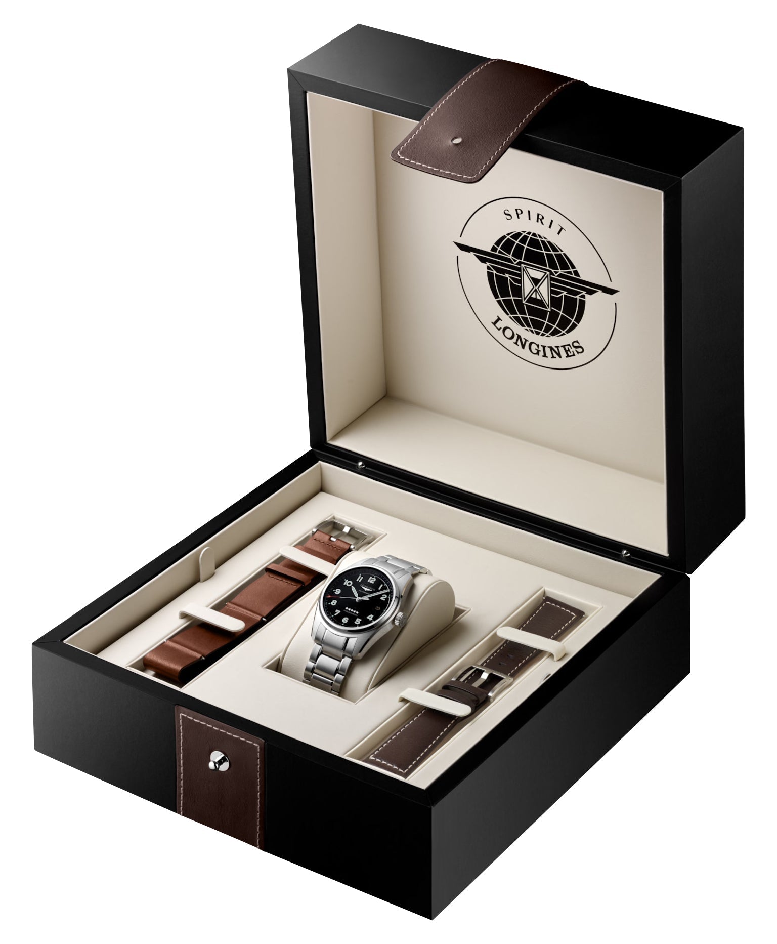 Longines Spirit Prestige Edition Automatic COSC Stainless Steel Black Dial Interchangeable Brown Leather/NATO Strap Date Mens Watch L3.810.4.53.9 wholesalehk.shop