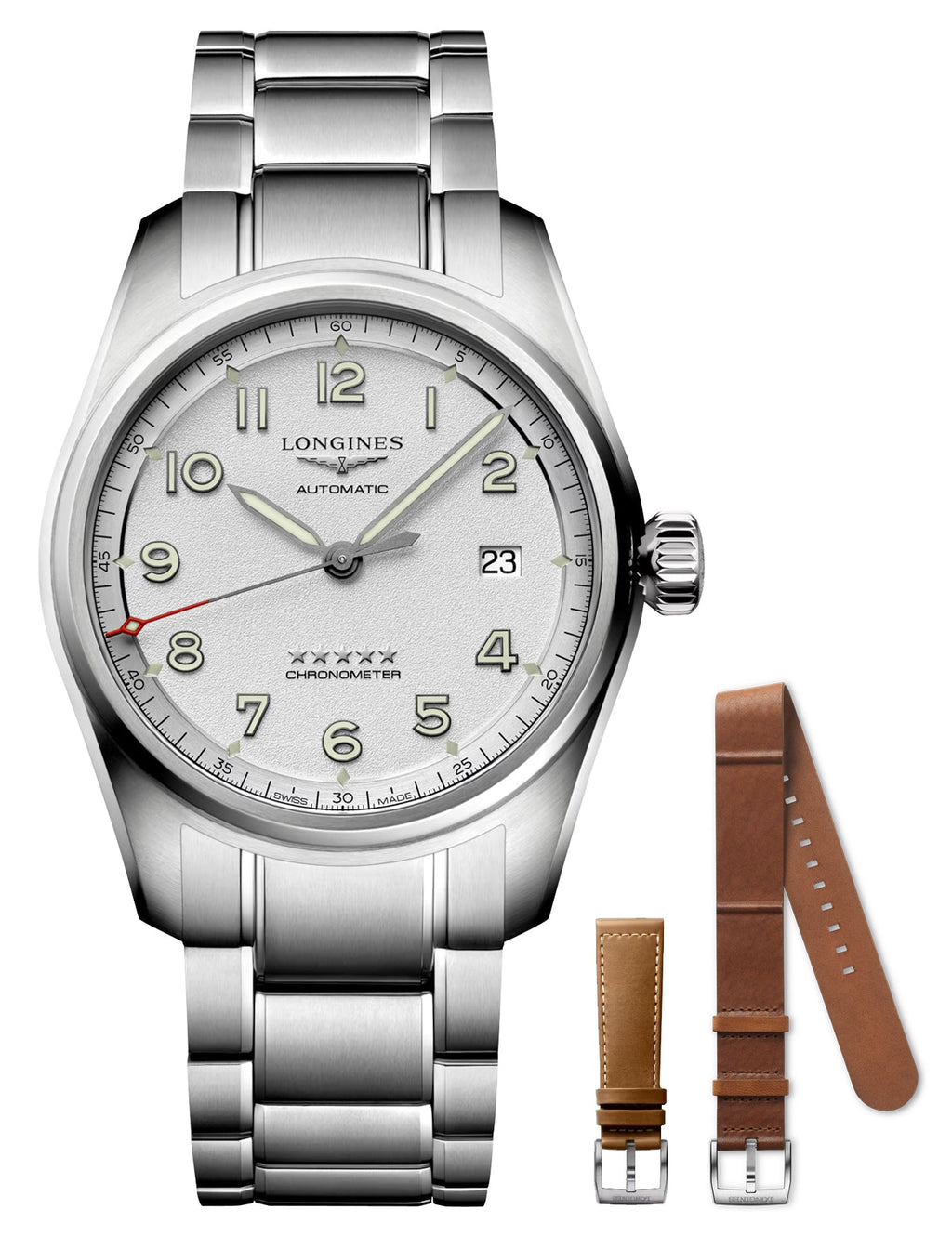 Longines Spirit Prestige Edition Automatic COSC Stainless Steel Silver Dial Interchangeable Brown Leather/NATO Strap Date Mens Watch L3.810.4.73.9 wholesalehk.shop