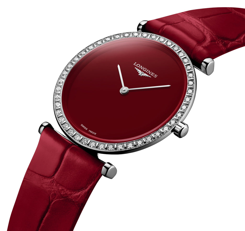 Longines La Grande Classique Monochrome Stainless Steel Red Dial Red Leather Strap Diamonds Quartz Womens Watch L4.523.0.91.2 wholesalehk.shop