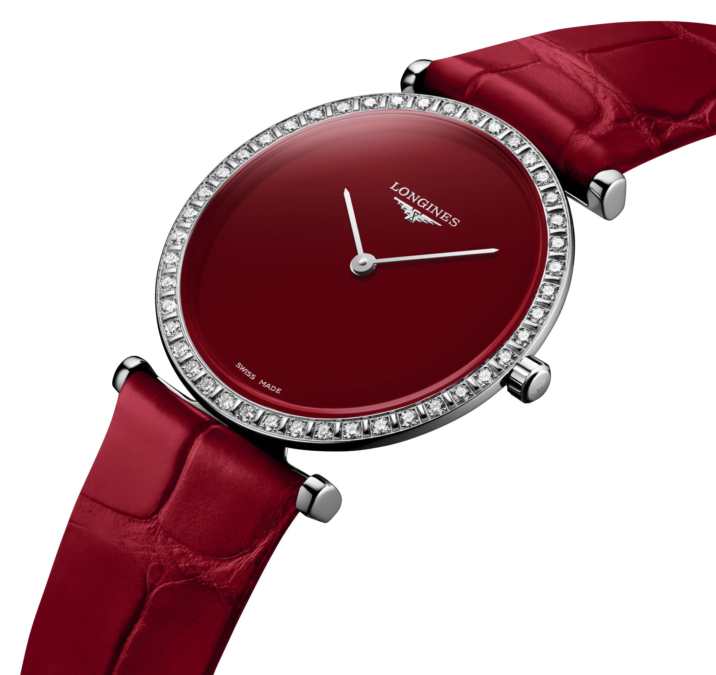 Longines La Grande Classique Monochrome Stainless Steel Red Dial Red Leather Strap Diamonds Quartz Womens Watch L4.523.0.91.2 wholesalehk.shop