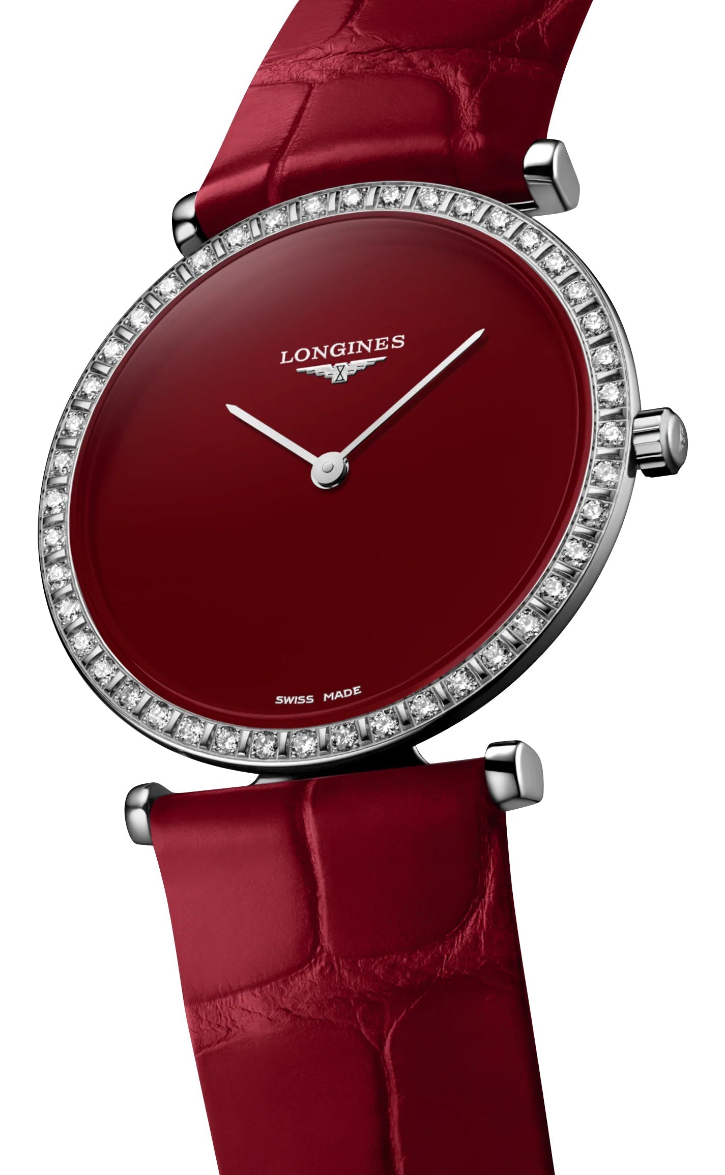 Longines La Grande Classique Monochrome Stainless Steel Red Dial Red Leather Strap Diamonds Quartz Womens Watch L4.523.0.91.2 wholesalehk.shop