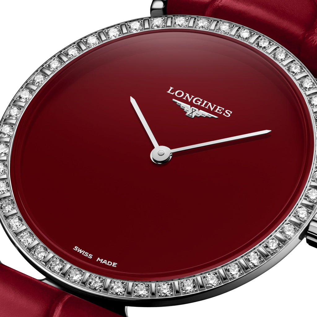 Longines La Grande Classique Monochrome Stainless Steel Red Dial Red Leather Strap Diamonds Quartz Womens Watch L4.523.0.91.2 wholesalehk.shop