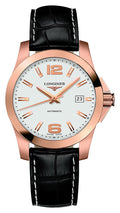 Longines Conquest Automatic 18K Rose Gold Silver Dial Black Leather Strap Date Mens Watch L3.676.8.76.3 wholesalehk.shop
