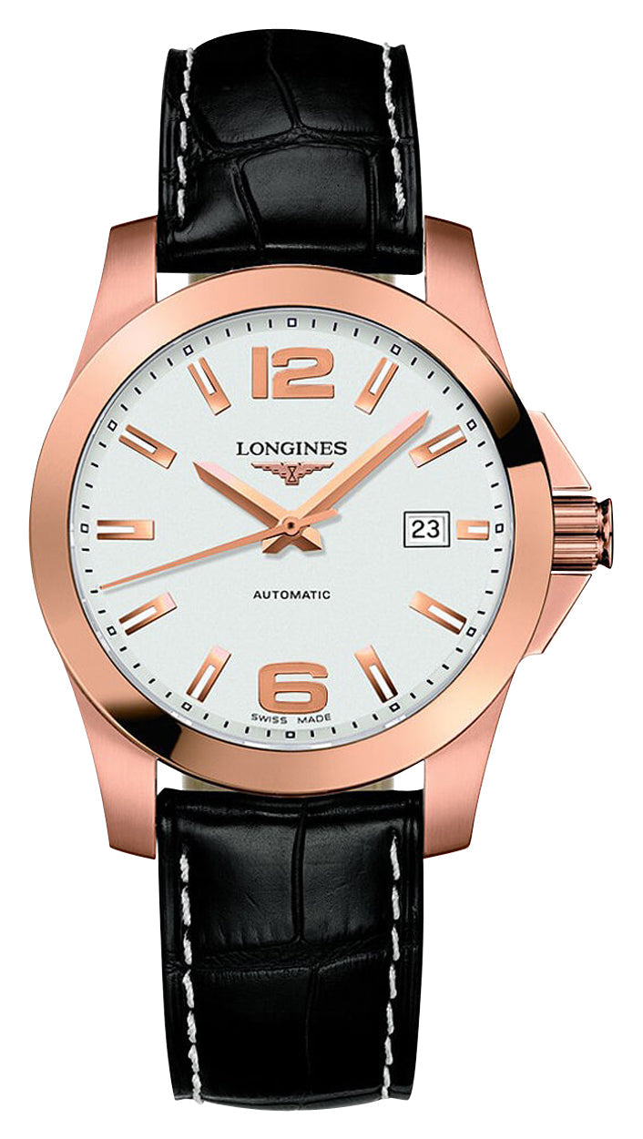Longines Conquest Automatic 18K Rose Gold Silver Dial Black Leather Strap Date Mens Watch L3.676.8.76.3 wholesalehk.shop