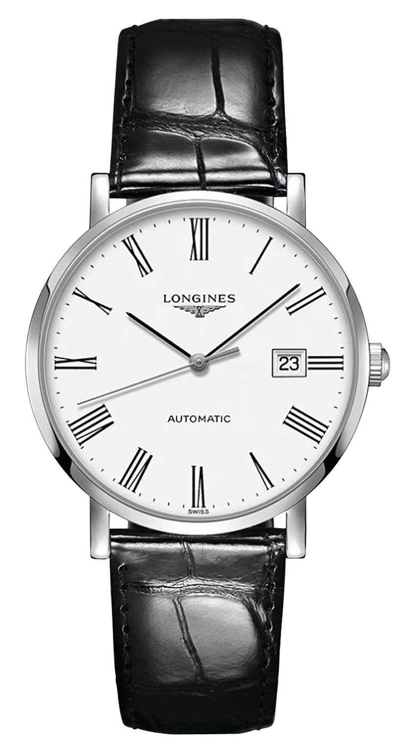 Longines Elegant Automatic Stainless Steel White Dial Black Leather Strap Date Mens Watch L4.910.4.11.2 wholesalehk.shop