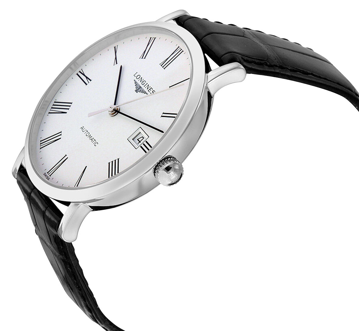 Longines Elegant Automatic Stainless Steel White Dial Black Leather Strap Date Mens Watch L4.910.4.11.2 wholesalehk.shop
