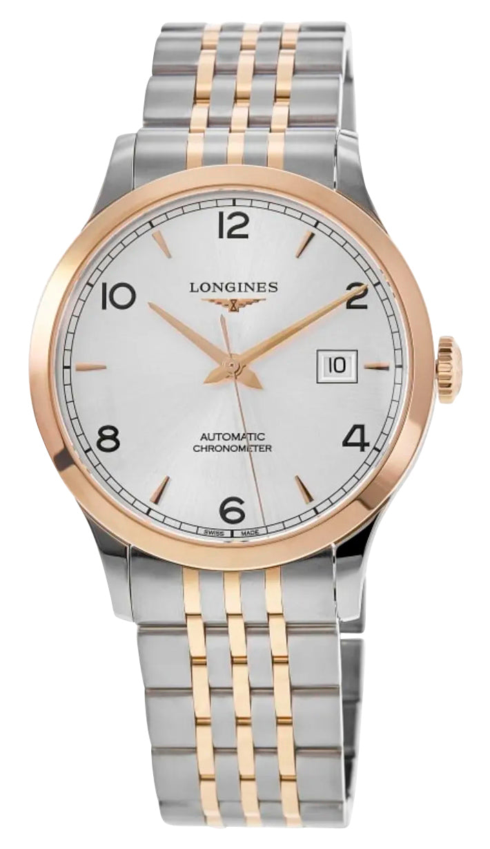 Longines Record Automatic COSC Stainless Steel & 18K Rose Gold Silver Dial Date Mens Watch L2.821.5.76.7 wholesalehk.shop