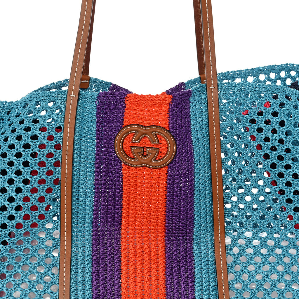 Raffia Web Woven Interlocking G Tote Blue Multicolor wholesalehk.shop