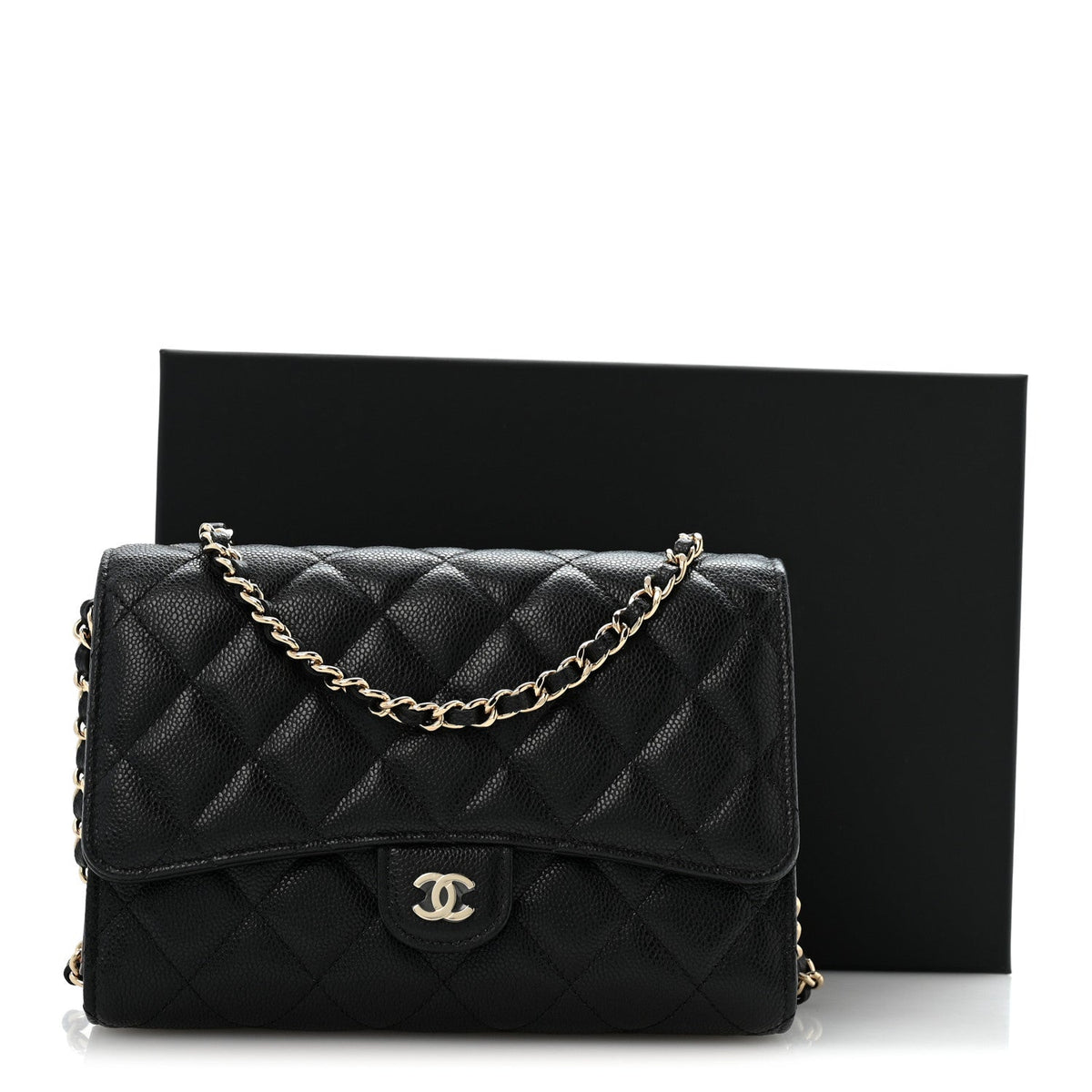 Caviar Quilted Compact Wallet On Chain WOC Black wholesalehk.shop