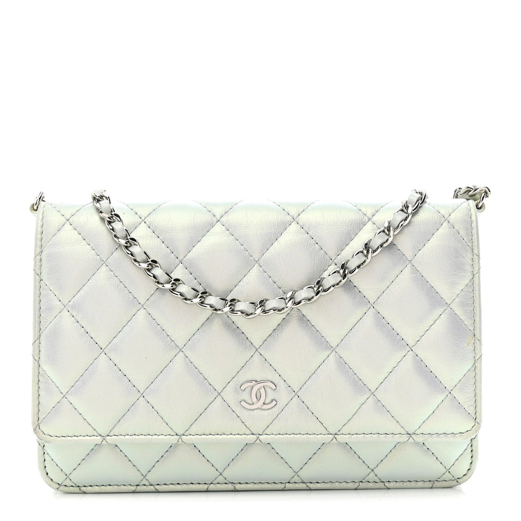 Iridescent Calfskin Quilted Wallet On Chain WOC Light Blue wholesalehk.shop